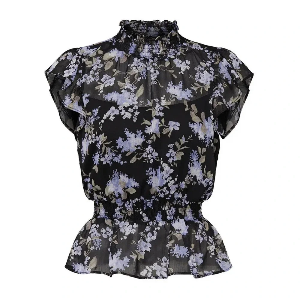 Great Jones Floral Peplum Top Ruffled Mockneck Black w/ Purple Floral Print US M